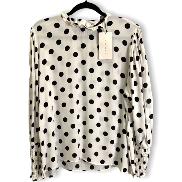 ZARA White Black Polka Dot Poet Sleeve Blouse Keyhole Back Ruffle Neck Sz XL - Picture 1 of 8